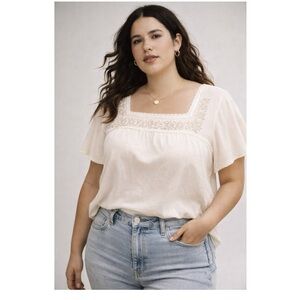 NEW TORRID Ivory Embroidered Square Neck Crepe Top Sz 1X Cloud Dancer Boho Femme